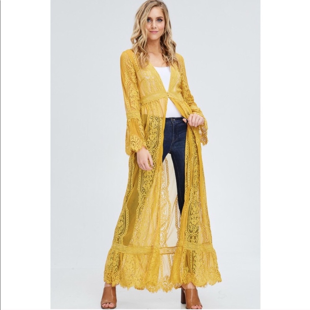 Mustard Long Lace Duster Cardigan, Kimono - Picture 3 of 5